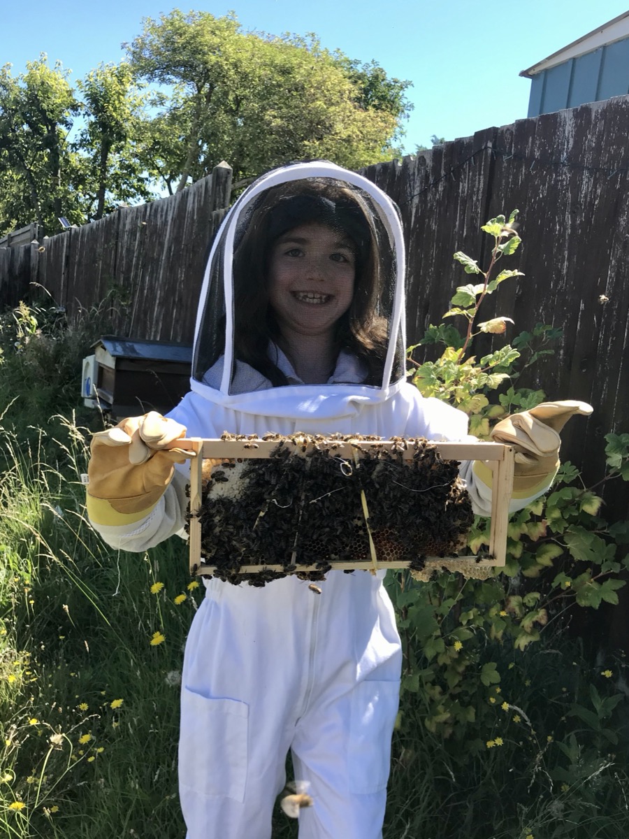 Libby in her beekeeping suit holding a frame of bees - the inspiration behind Libbees Coffee Co